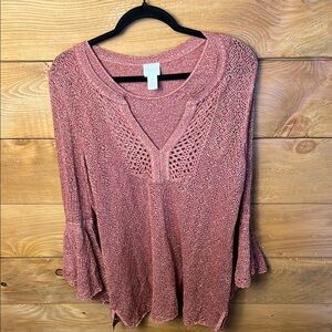 Chico's Women's‎ 1 Lightweight Bell Sleeve Layered Metallic Knit Sweater V Neck
